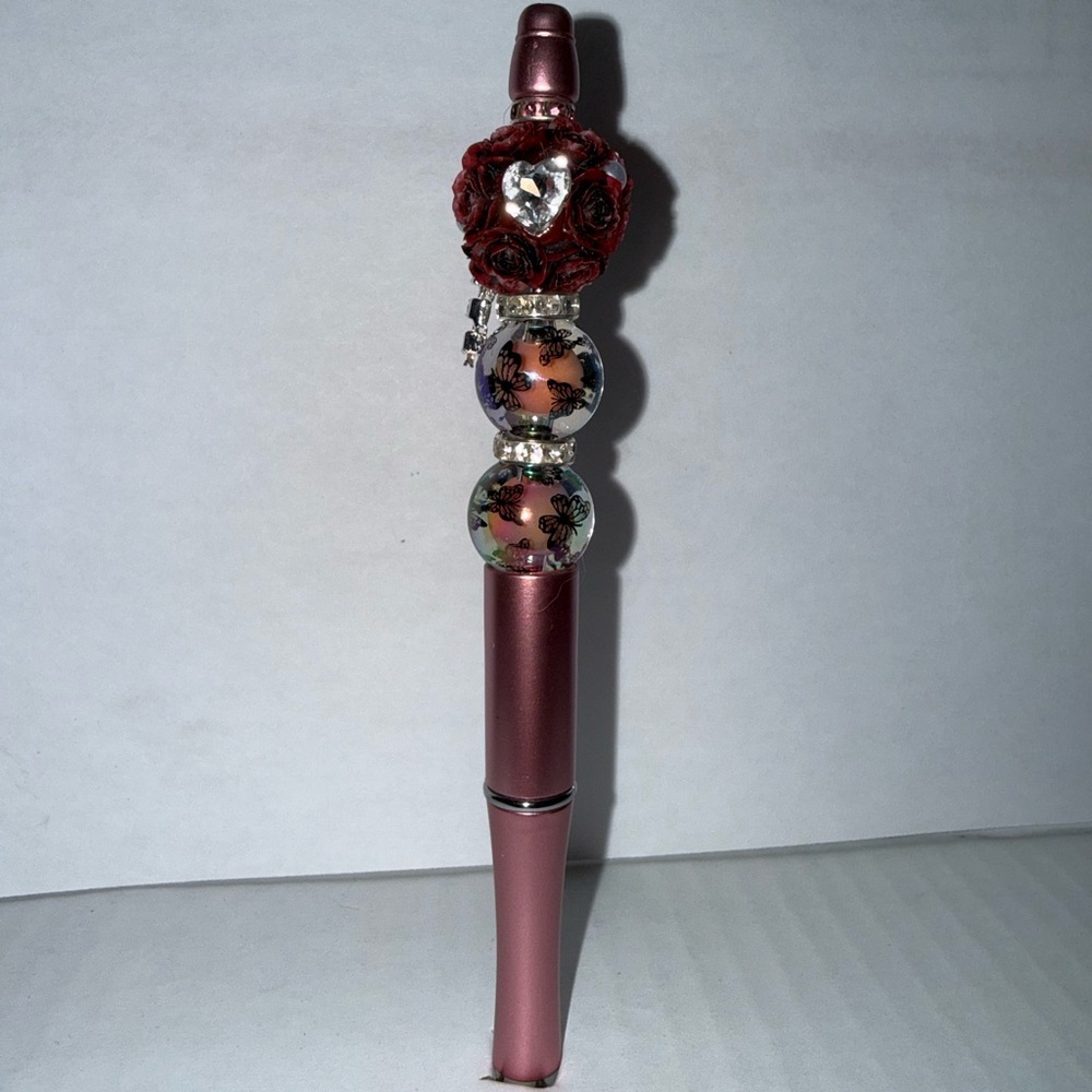 Handmade Beaded Pen- Elegant Red rose bouquet with butterfly resin beads